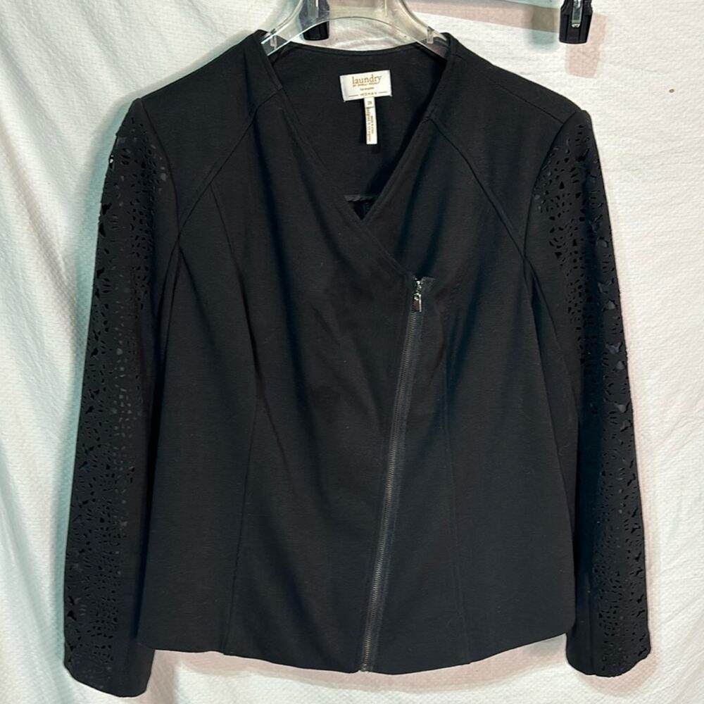Laundry 2x black motorcycle jacket lattice sleeves washable lined like new